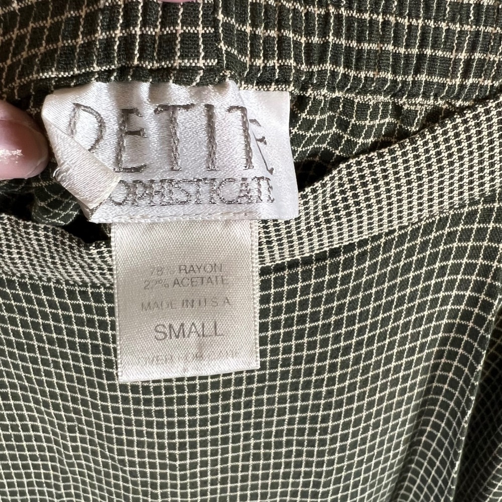 Petite Sophisticate Vintage 2 Piece Skort Set Olive Green Grid Plaid Blouse 90s - Picture 11 of 13
